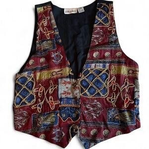 Vintage 80s Baroque Tapestry Vest - Boho Embroidered Gold Statement Piece (S)